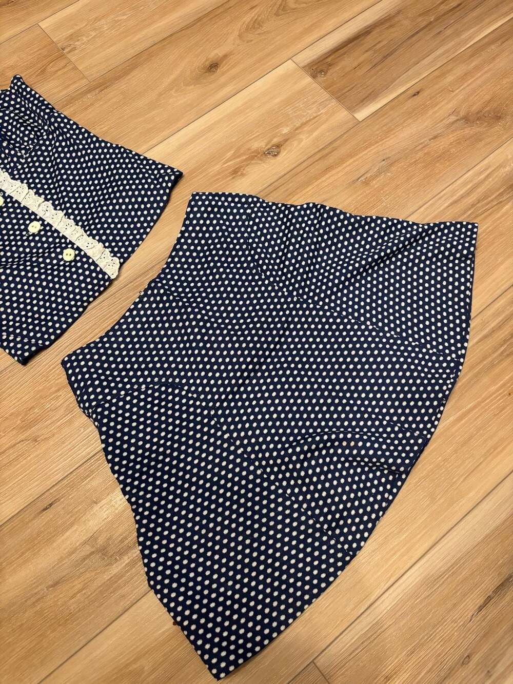 70s Betty Lou of California Vintage Navy White Polka Dot Eyelet Trim Set no size - Picture 3 of 12